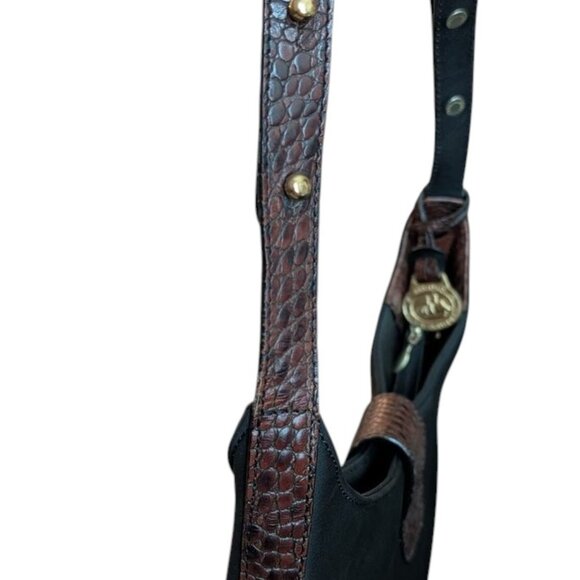 Vintage Brahmin Solid Dark Nylon Croc Style Leather Handle Accents Shoulder Bag - Picture 7 of 16